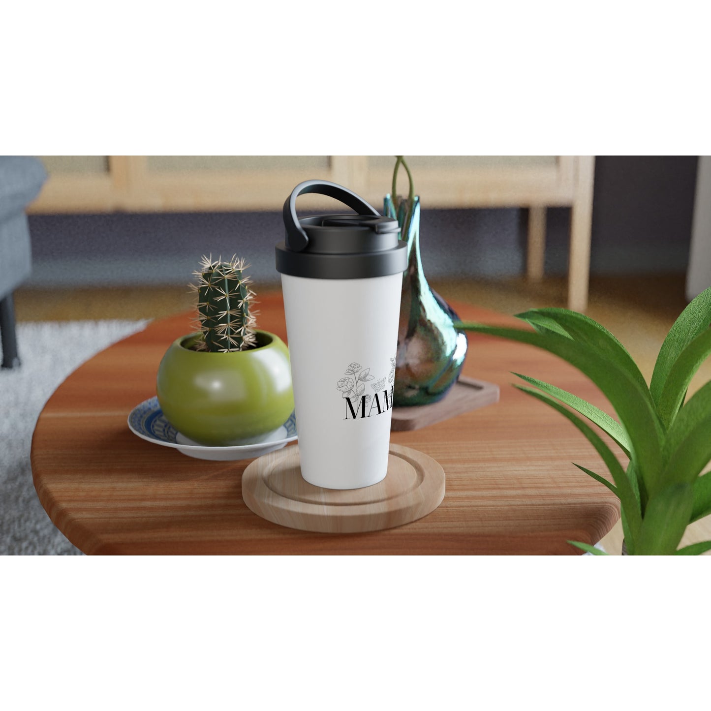 White 15oz Stainless Steel Travel Mug - MAMA flower