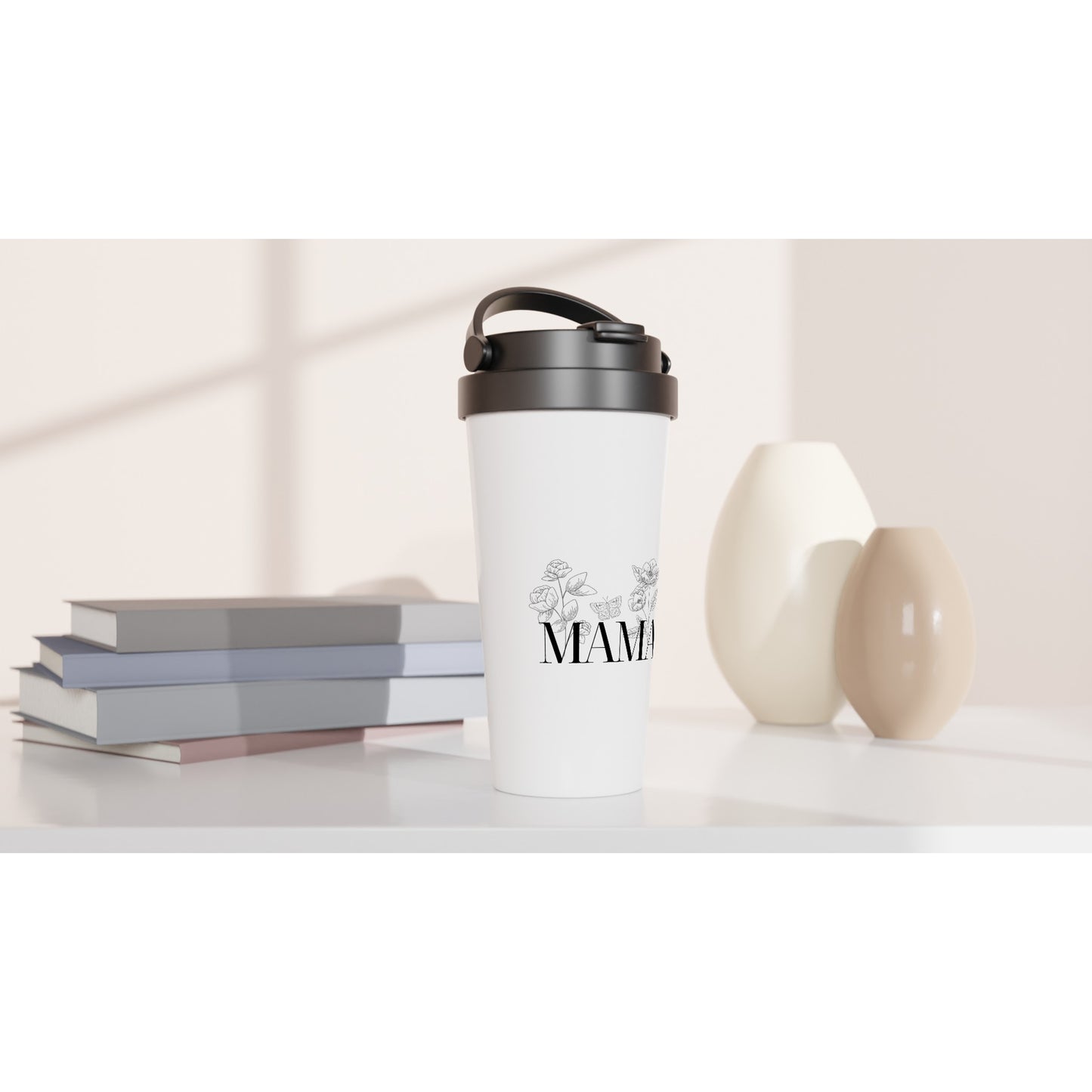 White 15oz Stainless Steel Travel Mug - MAMA flower