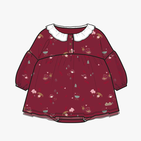 Souris Mini red bodysuit dress with holiday print and claudine collar