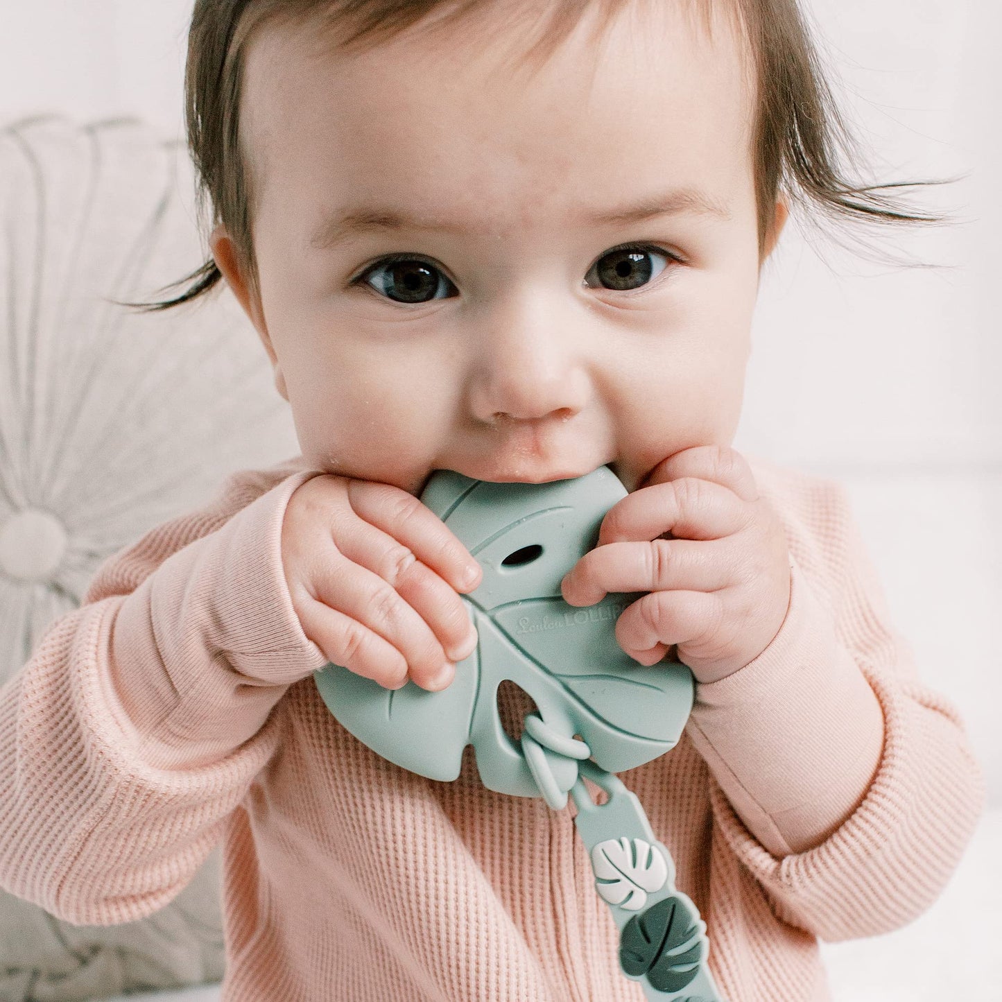 lou lou lollipop silicone teether monstera seafoam