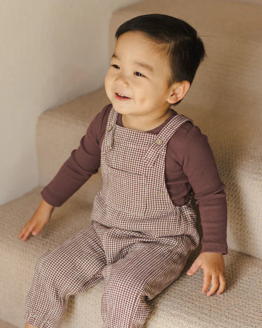 Quincy Mae plum gingham overall