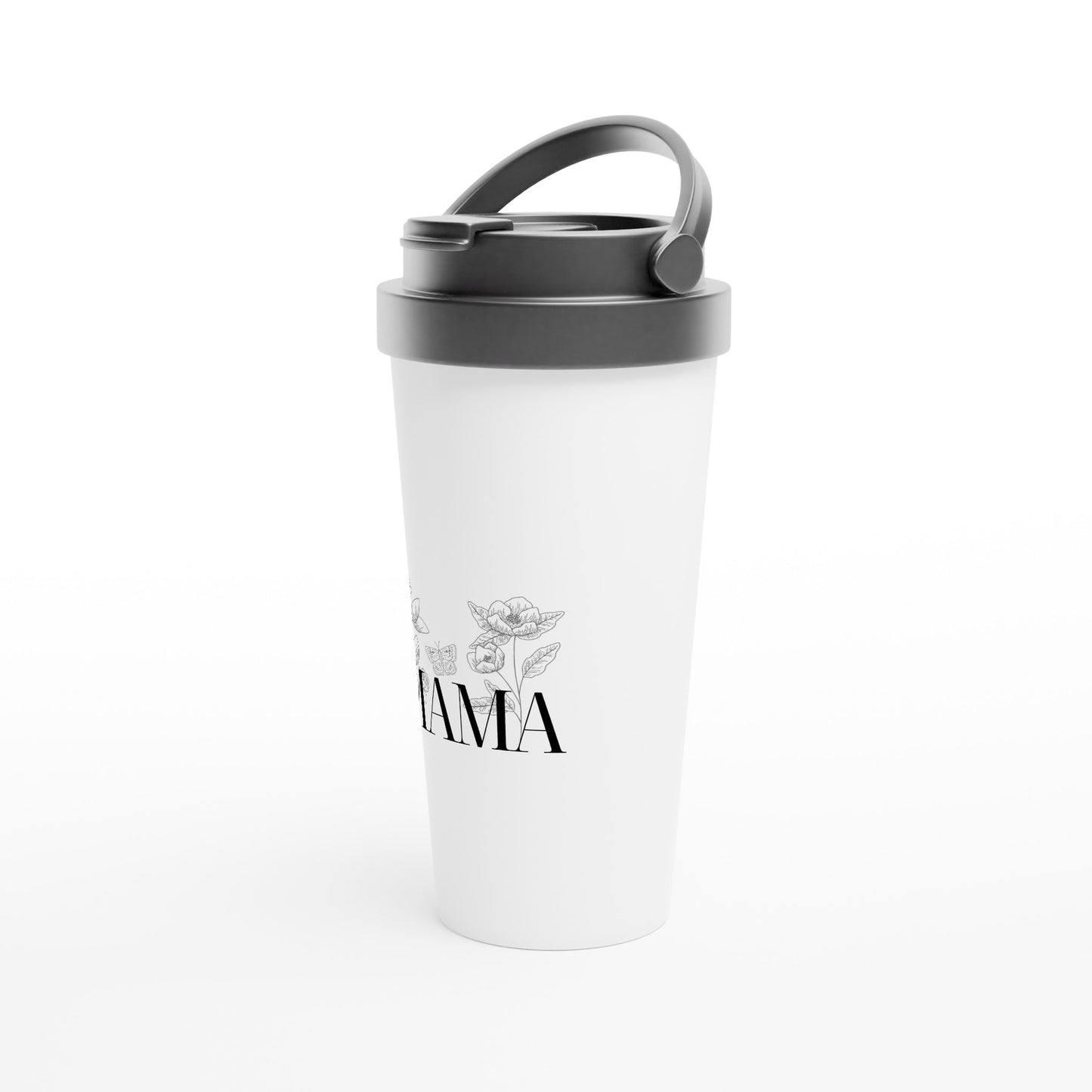 White 15oz Stainless Steel Travel Mug - MAMA flower